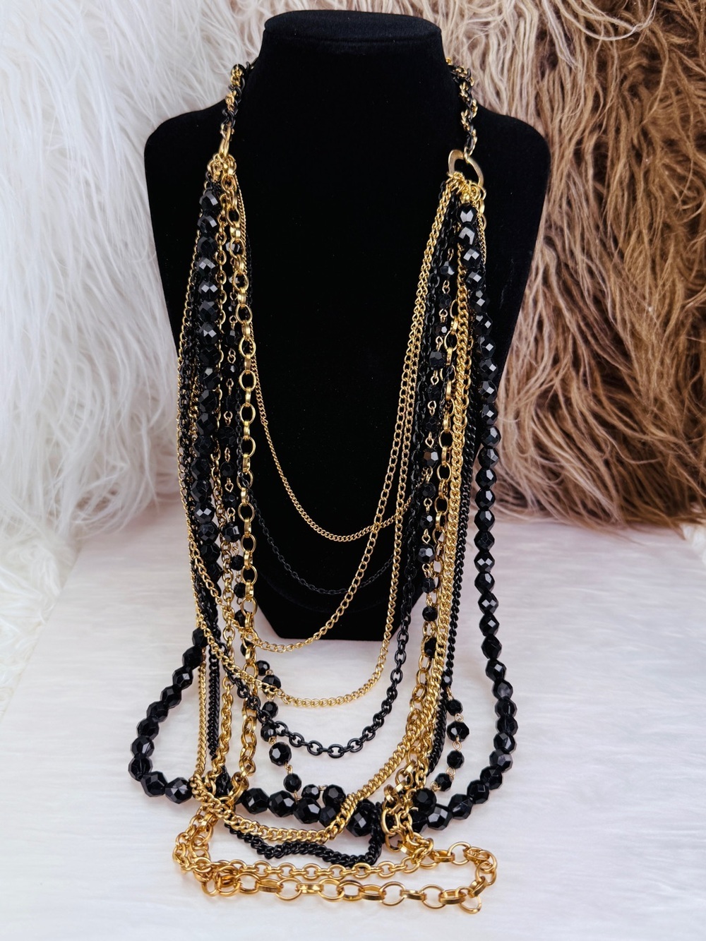 Black Beaded Multi Strand Chain Statement Necklace Gold Tone